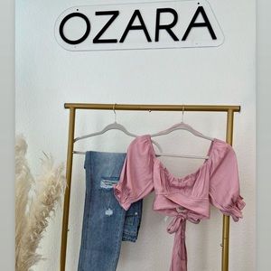 Puff Short Sleeve- Pink Tie Front Crop
Blouse